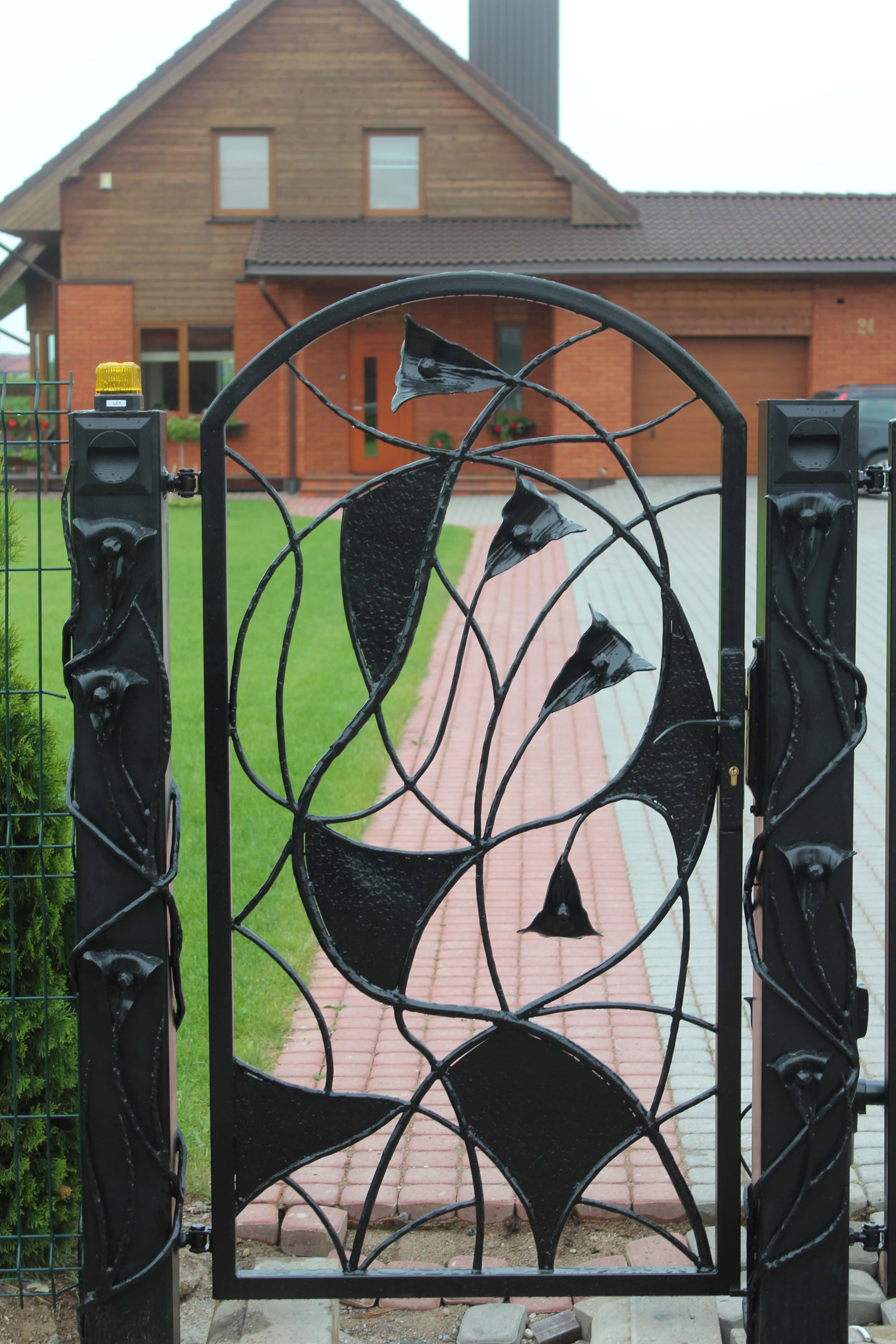 Juodi metaliniai vartai su ornamentu